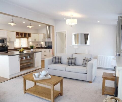 Open plan lounge and kitchen in warm neutral tones and semi-vaulted ceilings