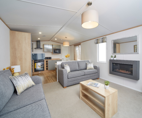 Open plan lounge, kitchen and diner in neutral tones of grey